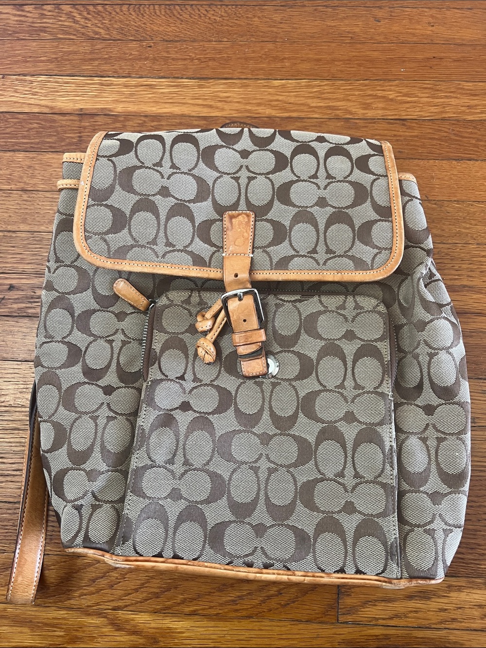 Coach Brown Signature Print Canvas Backpack with Tan Leather Trim